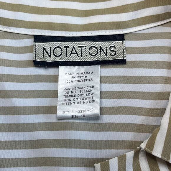 Notations Vtg 10 Tan White Stripe Button Down Silky Blouse Secretary Workwear - Picture 4 of 6
